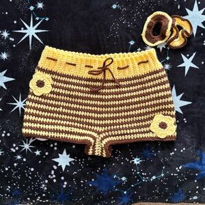 Crochet Shorts Yellow/Brown Striped with Single Flower Back Pocket
